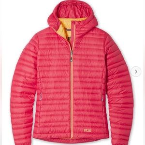 Stio Women's Pink Hooded Down Jacket with Yellow Trim